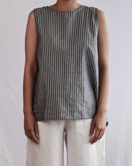 Linen Split Sleeveless Top - Charcoal Stripe