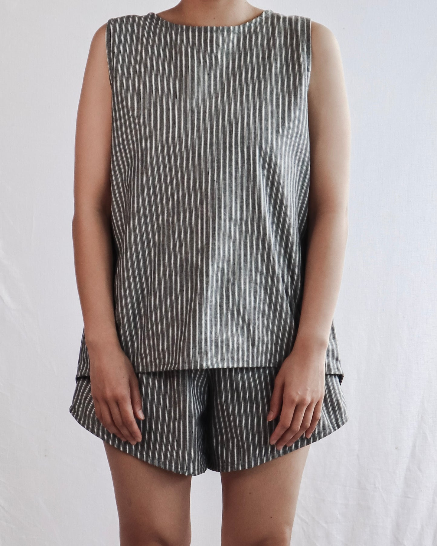 Linen Split Sleeveless Top - Charcoal Stripe