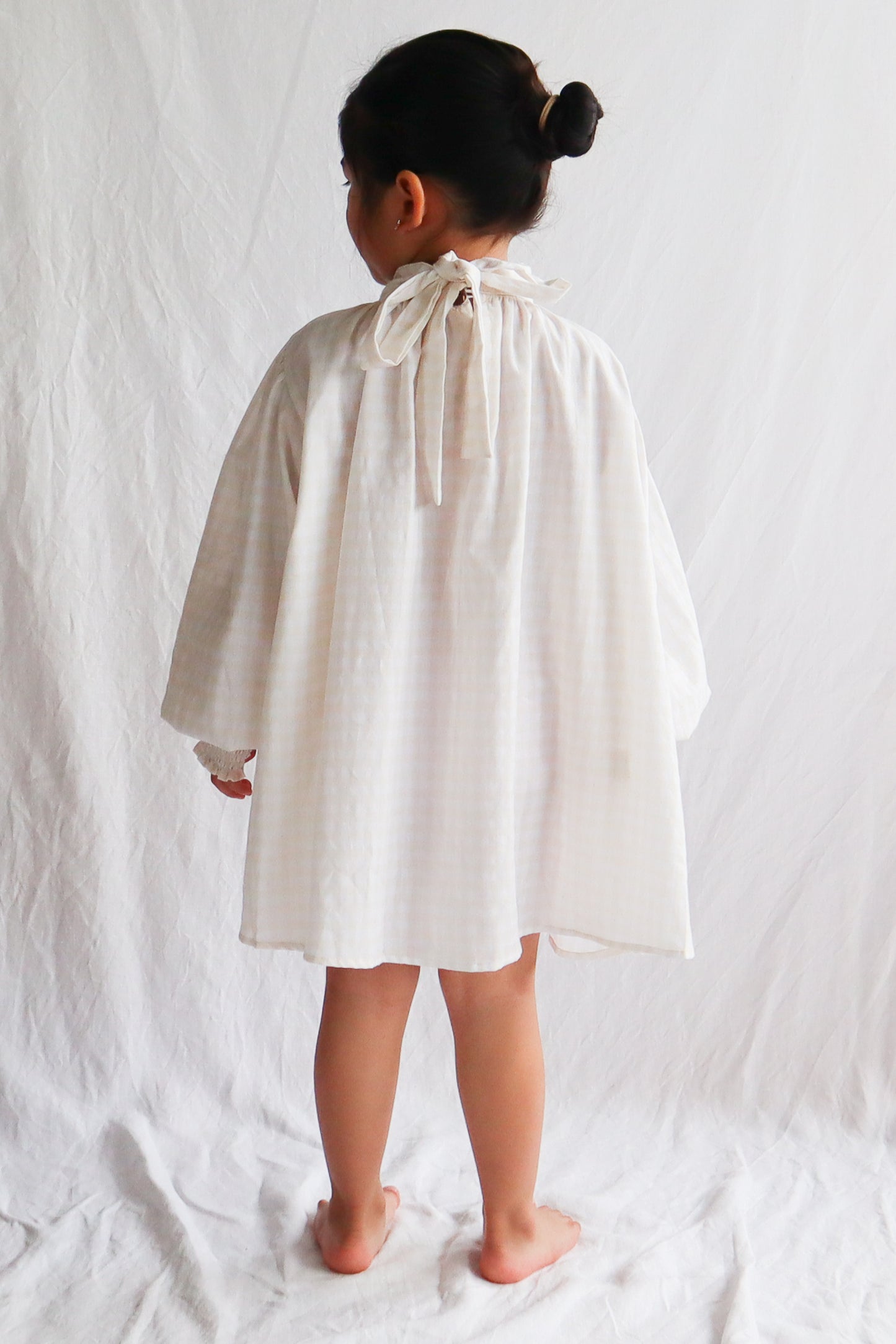 Celeste Tie Smock Dress in Beige Gingham