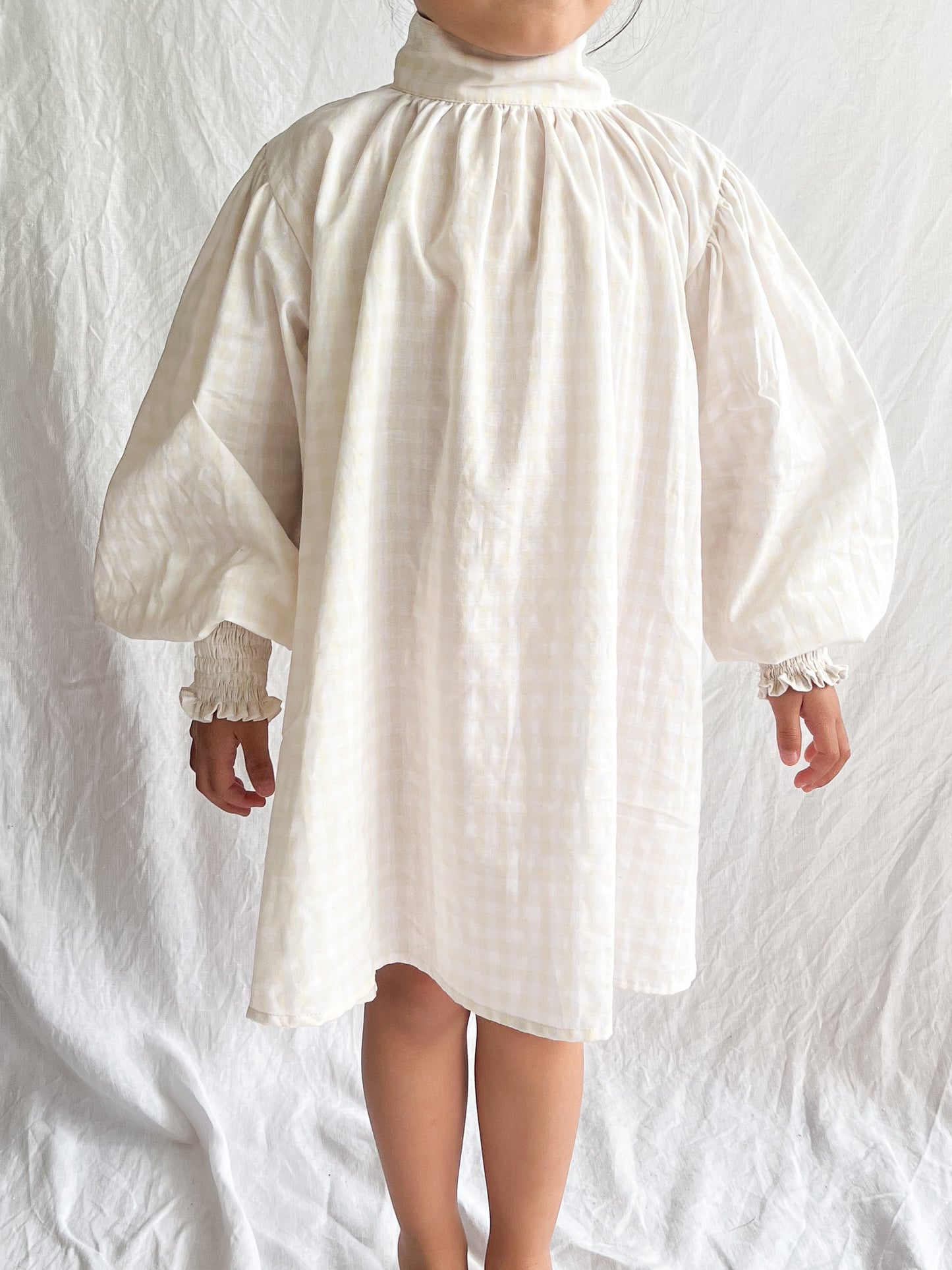 Celeste Tie Smock Dress in Beige Gingham