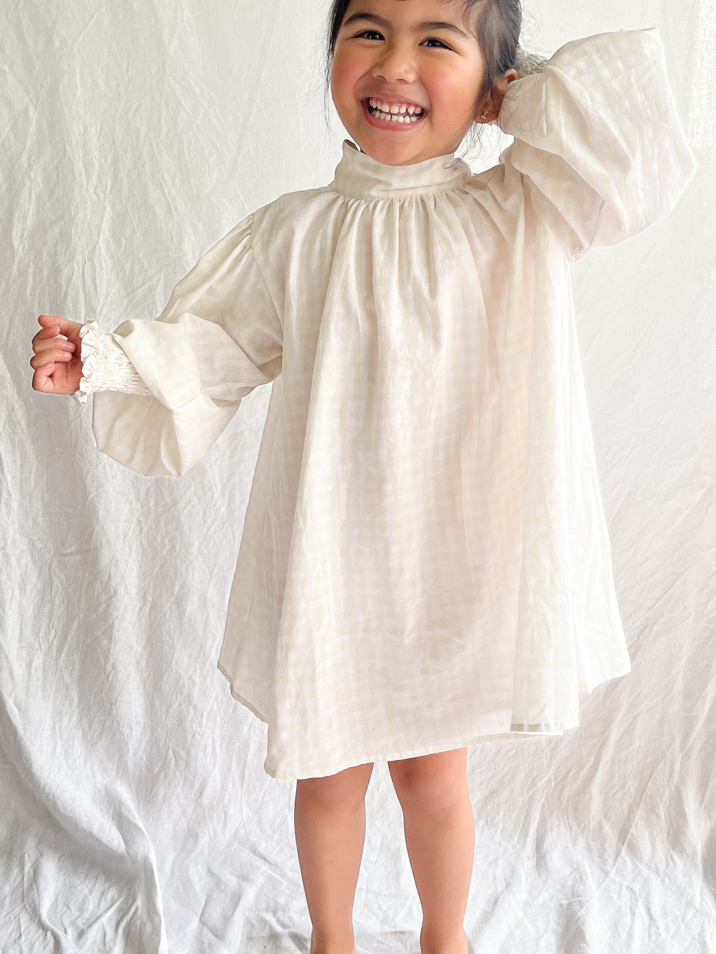 Celeste Tie Smock Dress in Beige Gingham